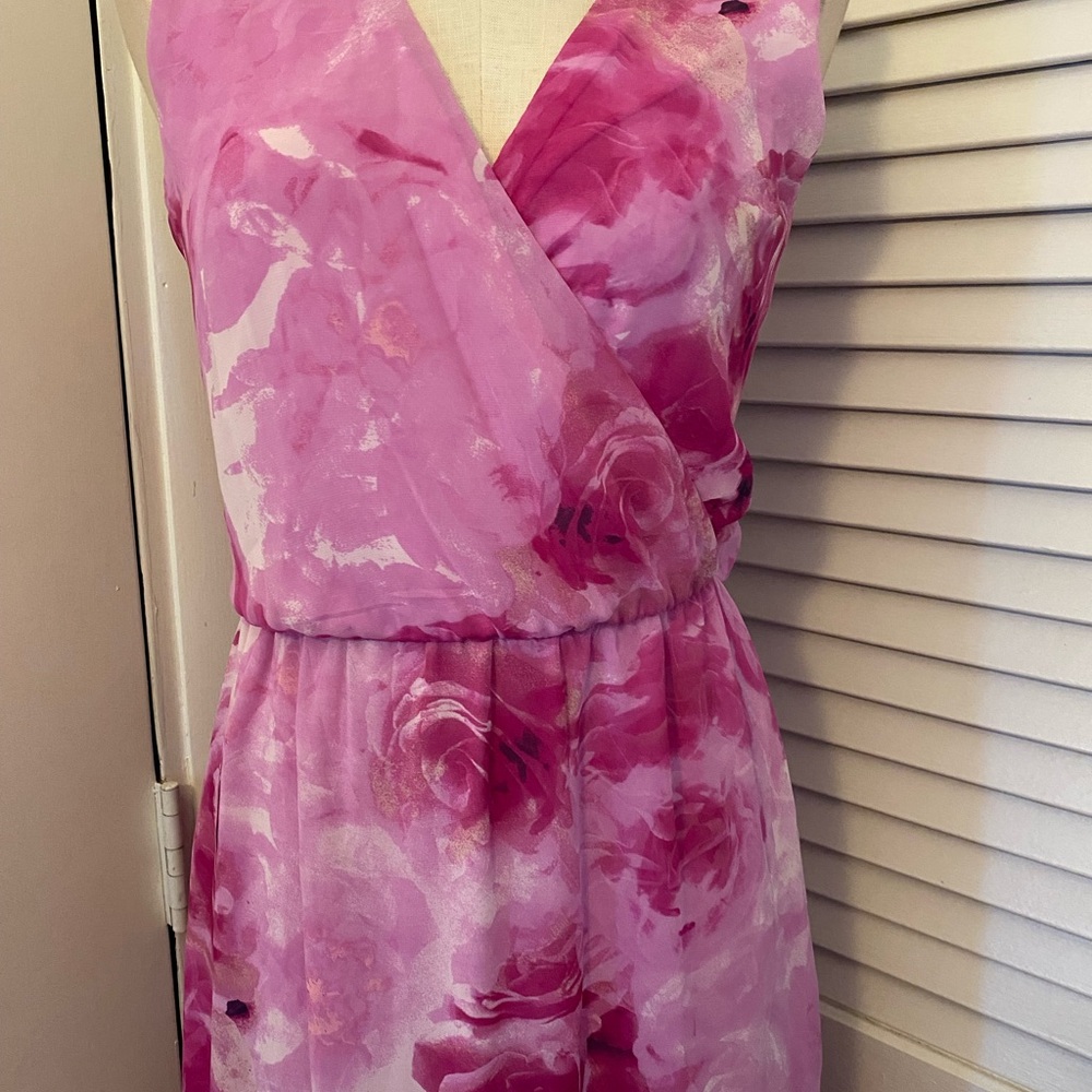 karin stevens Pink Rose Print V-Neck Maxi Dress- Size 10 - Picture 3 of 9